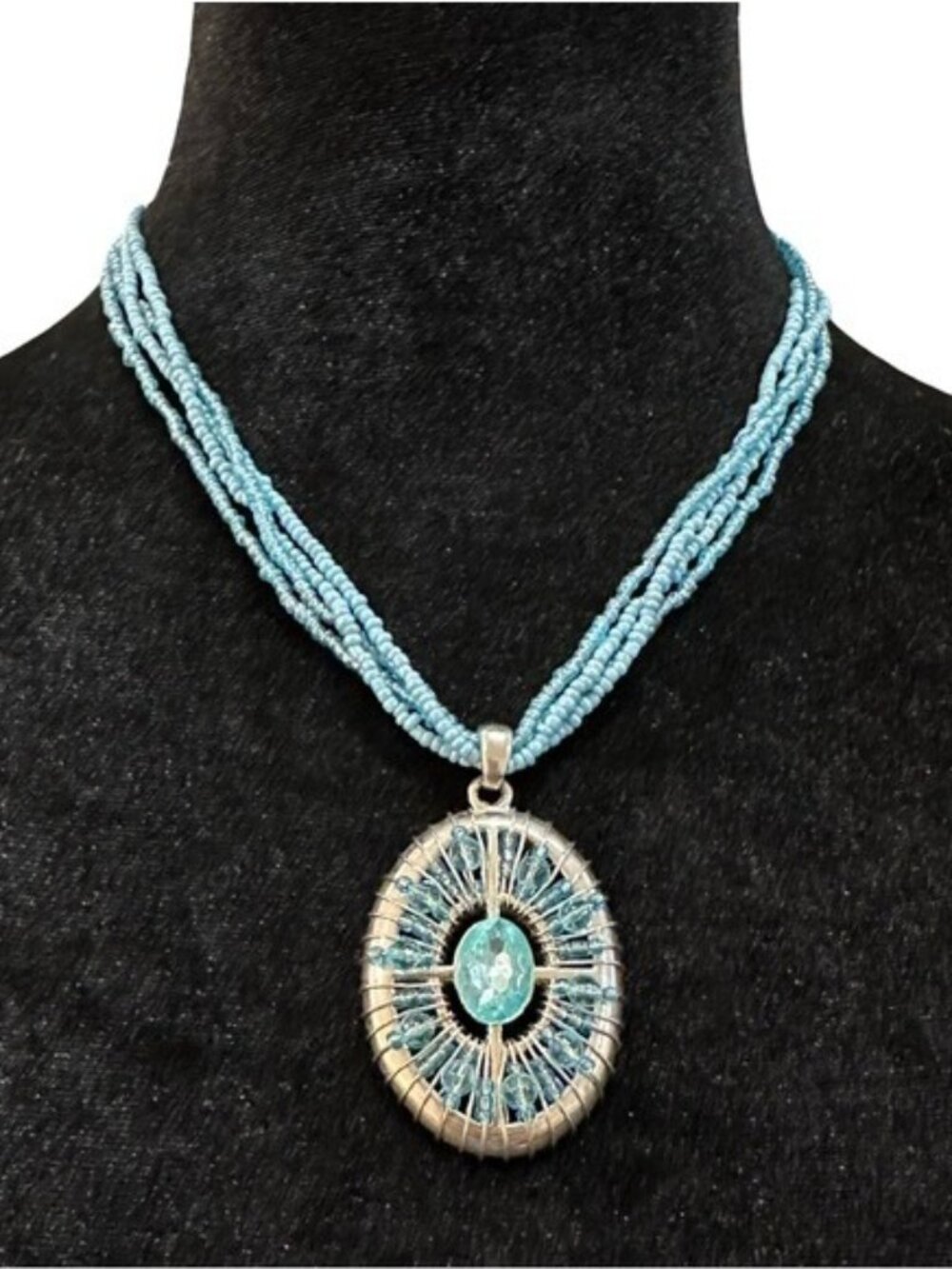 Blue Beaded Necklace With Silver Wire Wrapped Oval Pendant & Adjustable Chain